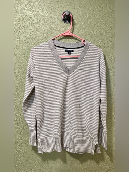 Tommy Hilfiger Sweaters - Tommy Hilfiger Women's Gray & White Striped V-Neck Sweater